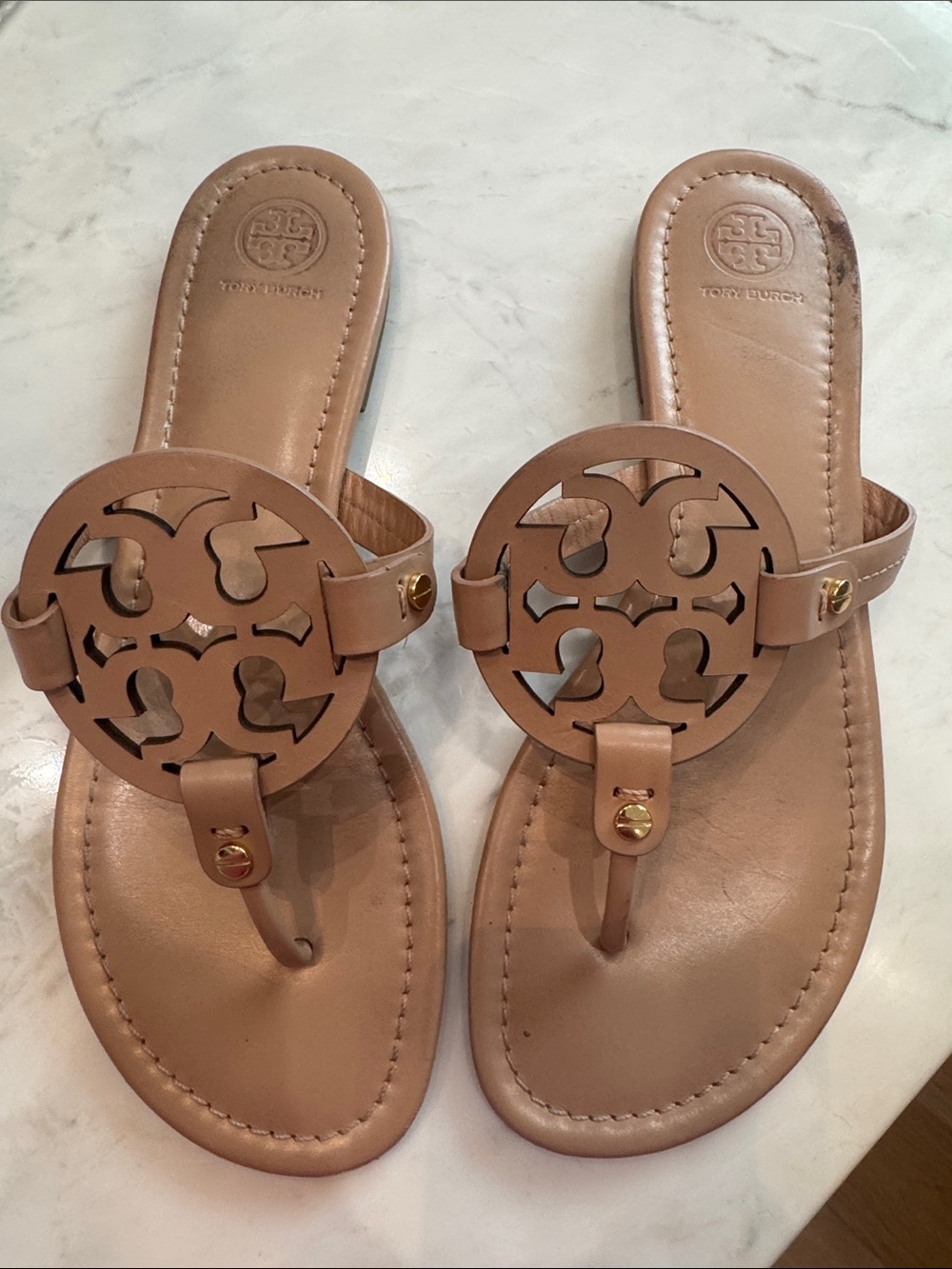Tory Burch Nude/Tan Miller Logo Leather Thong Sandals